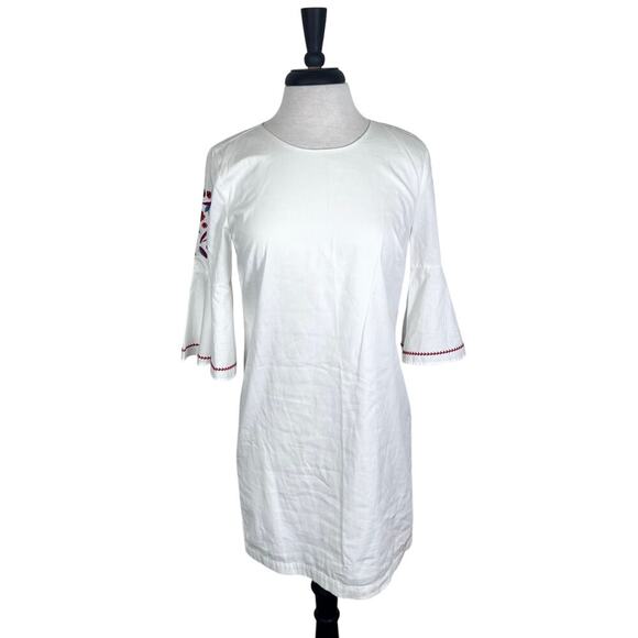 MUDPIE Michelle White Cotton Sheath Dress Floral Embroidered Bell Sleeves Sz S - Picture 2 of 12